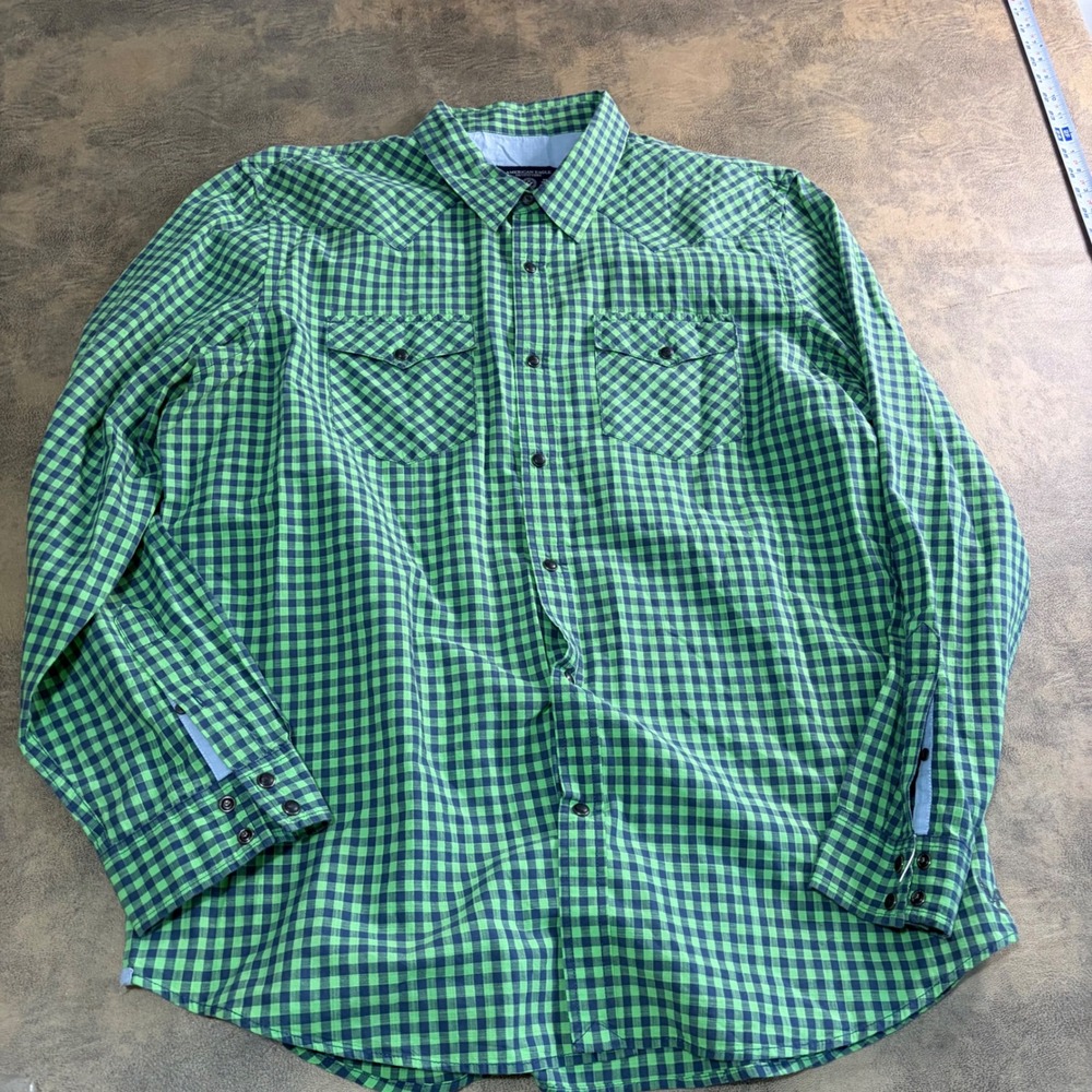 American Eagle Button Down Shirt Mens XXL Lime Green Gingham Western Pearl Snap